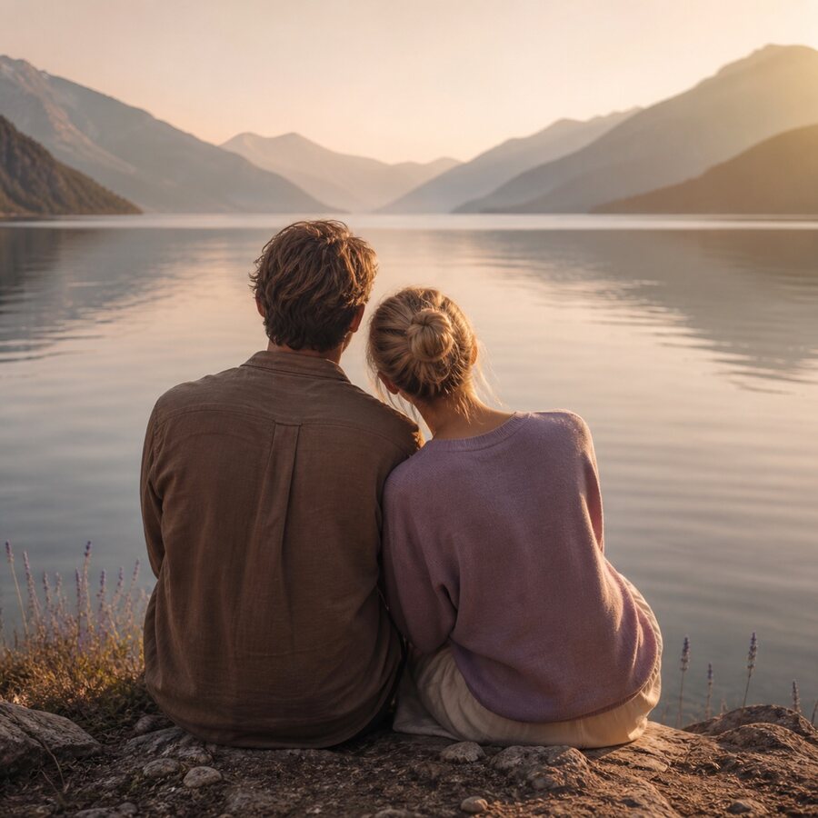 Two people sitting together at the edge of a quiet lake